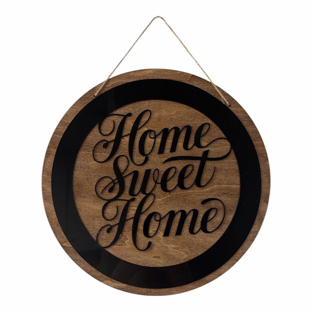 Home Sweet Home Layered Round Wall Sign - Black Acrylic and Natural Wood